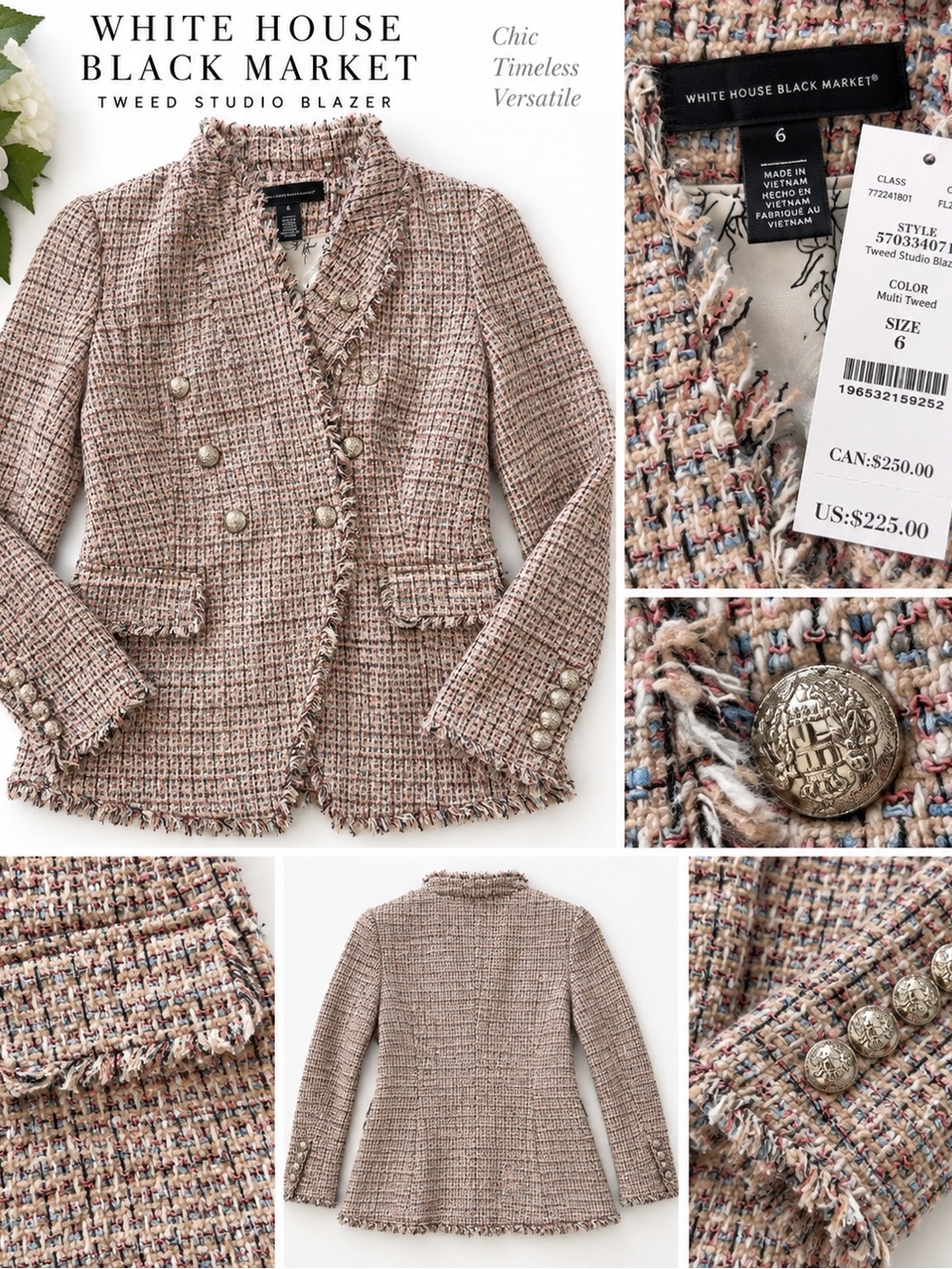 White House Black Market Multi-Tweed Frayed Hem Blazer Pink, Cream & Brown 6 NWT